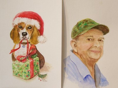 The painting on the left was  Sally's Christmas card this year! On the right, a portrait of her husband, Bill.